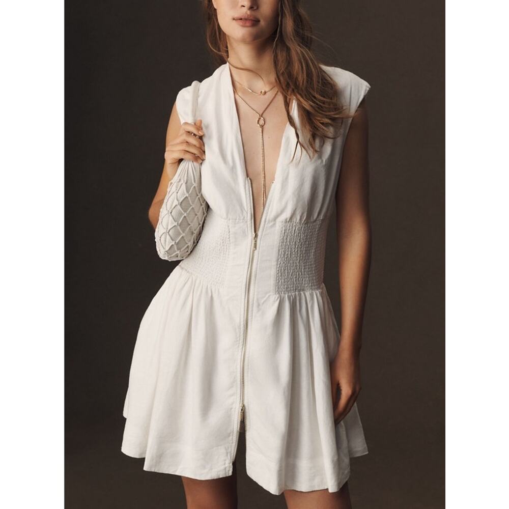 By Anthropologie Women’s Tommie White Cap Sleeve Smocked Front Zip Shirt Dress - Picture 5 of 10